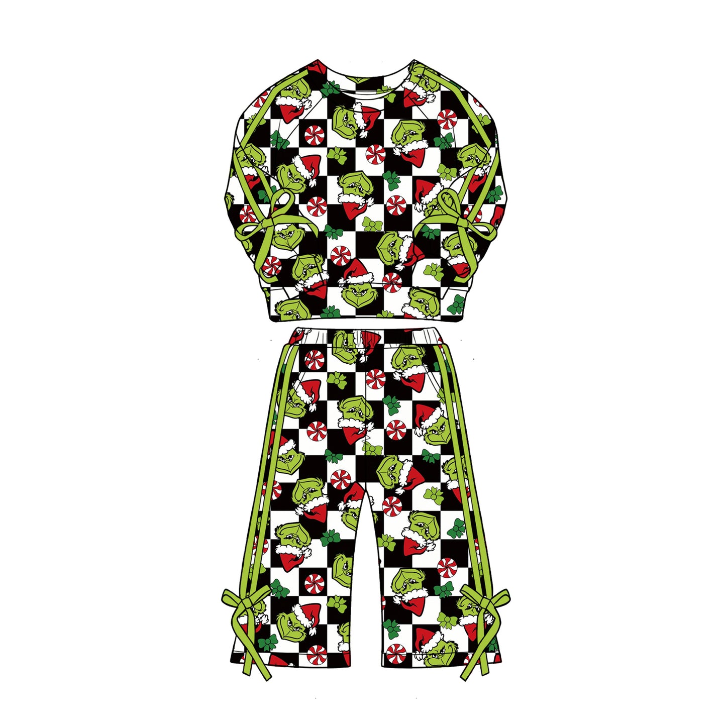 Preorder moq 5 Baby Girls Green Frogs Checked Top Pockets Flare Pant Christmas Clothes Sets