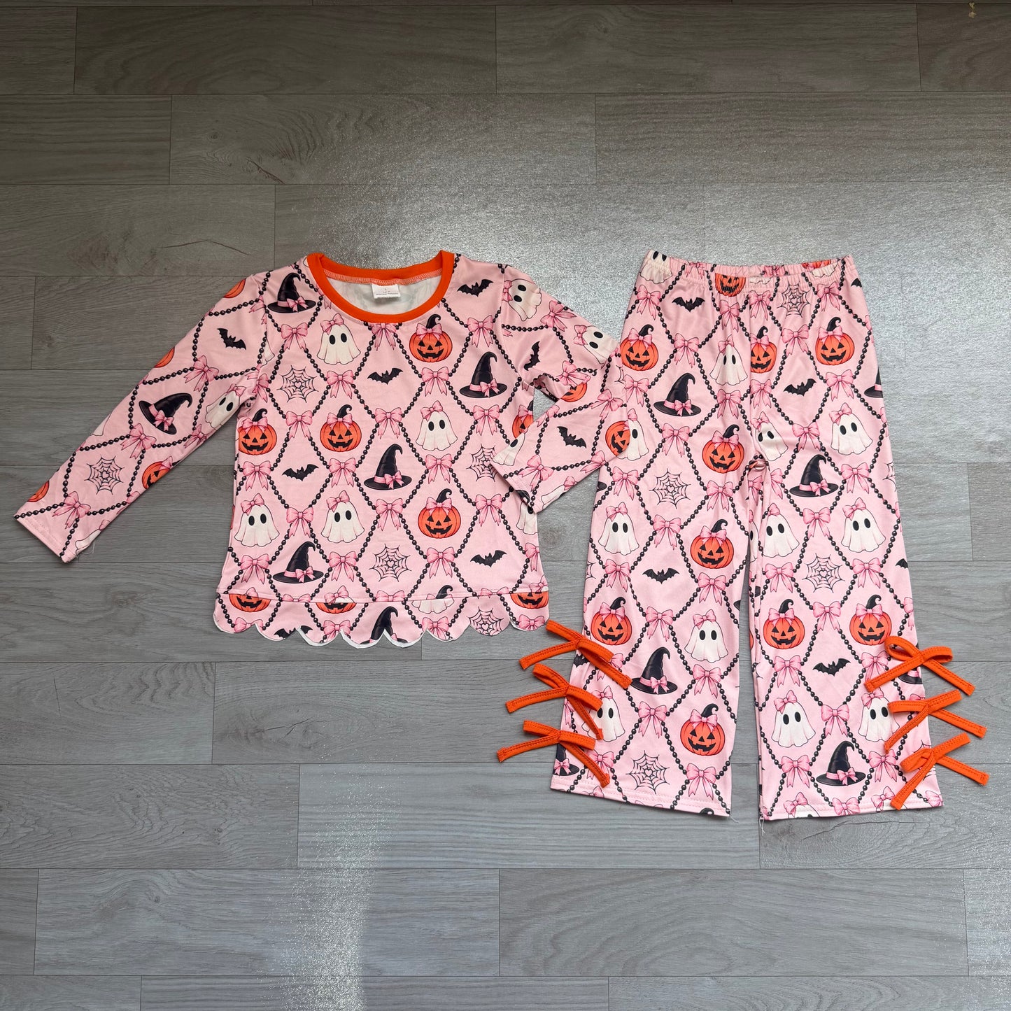 Baby Girls Ghost Pumpkins Scallop Top Bows Pants Halloween Clothes Set