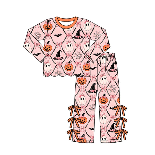 Baby Girls Ghost Pumpkins Scallop Top Bows Pants Halloween Clothes Set Preorder