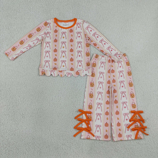 Baby Girls Bows Pumpkins Stripe Scallop Top Bows Pants Fall Clothes Set