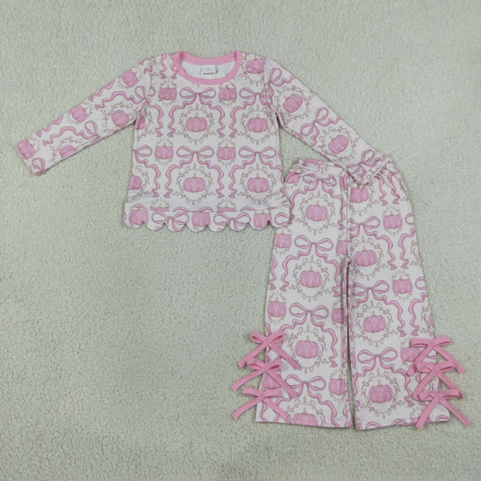 Sibling Baby Girls Bows Bats Pumpkins Scallop Top Bows Flare Pant Fall Halloweens Clothes Sets