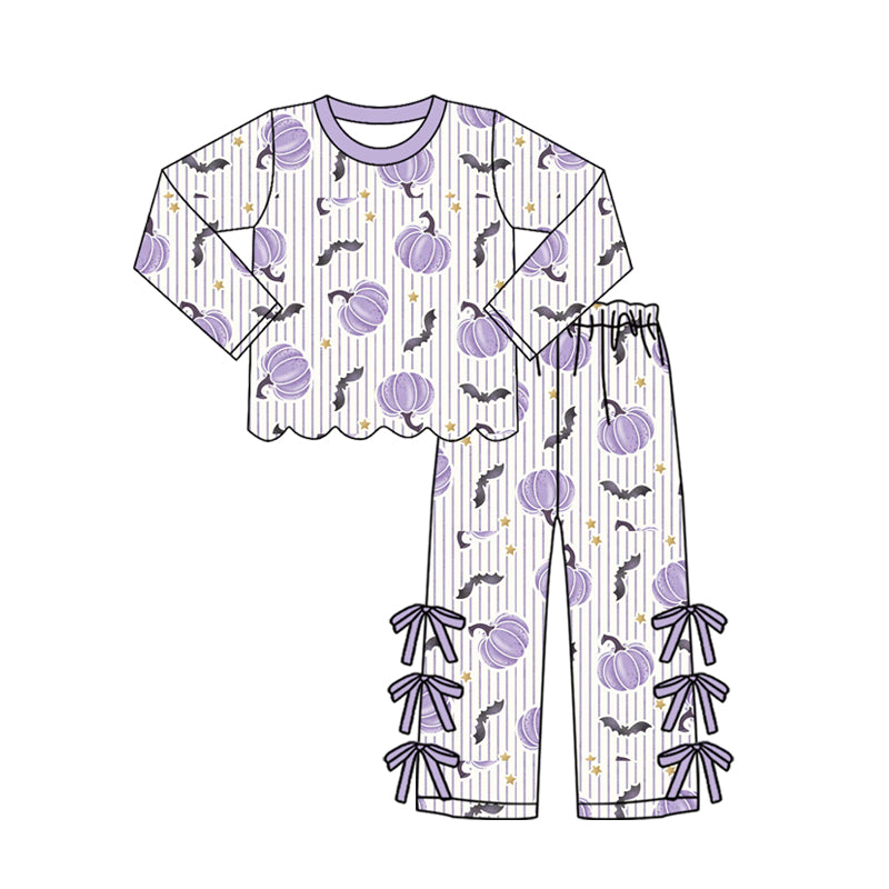Preorder moq 5 Baby Girls Bats Pumpkins Stripe Scallop Top Bows Pants Halloween Clothes Set