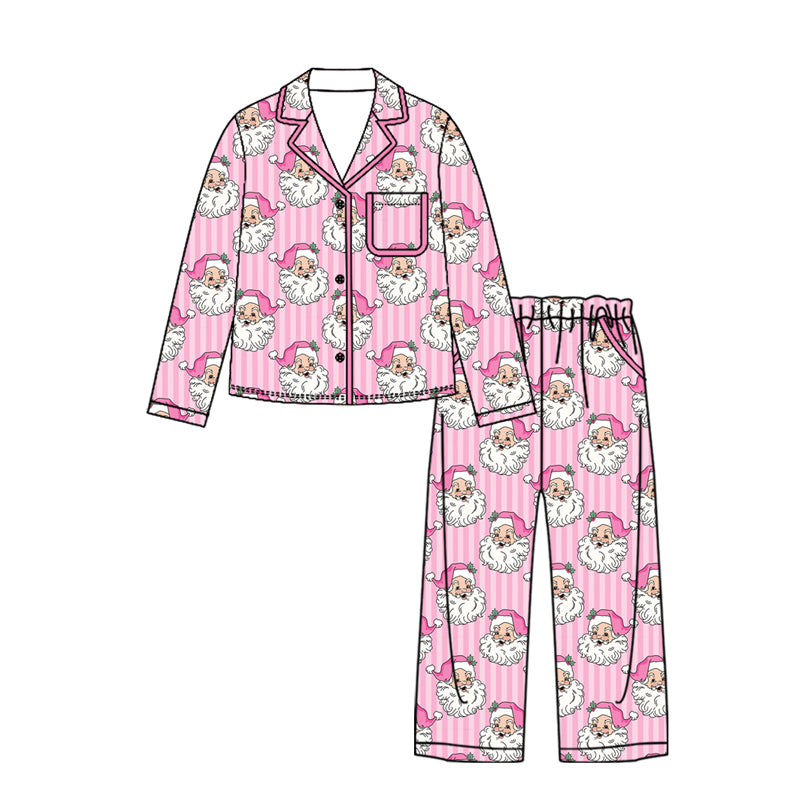 Preorder Adult Women Pink Stripe Santa Button Pocket Top Pant Christmas Pajamas Sets