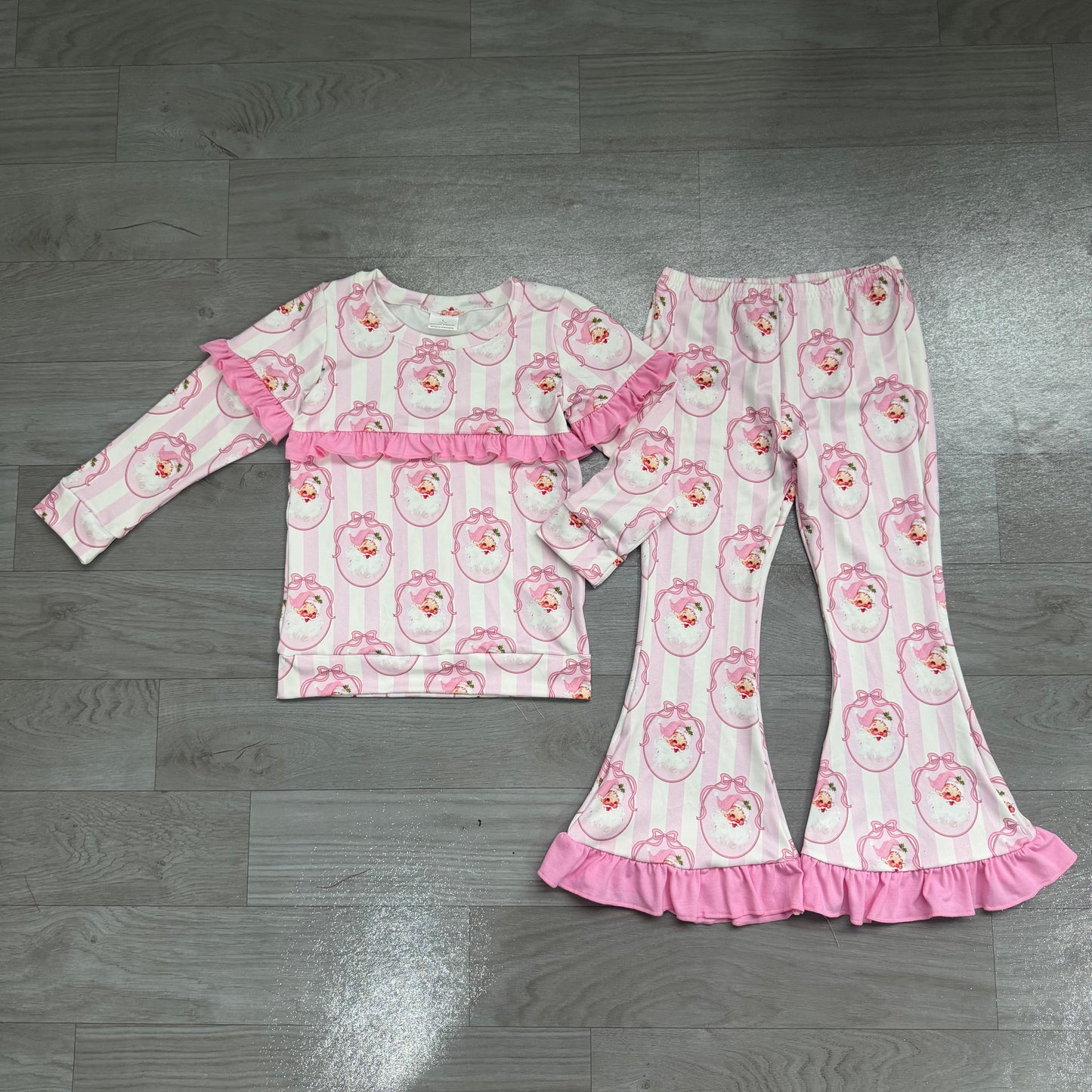 Baby Girls Pink Stripe Bows Santa Top Bell Bottom Pant Christmas Clothes Sets