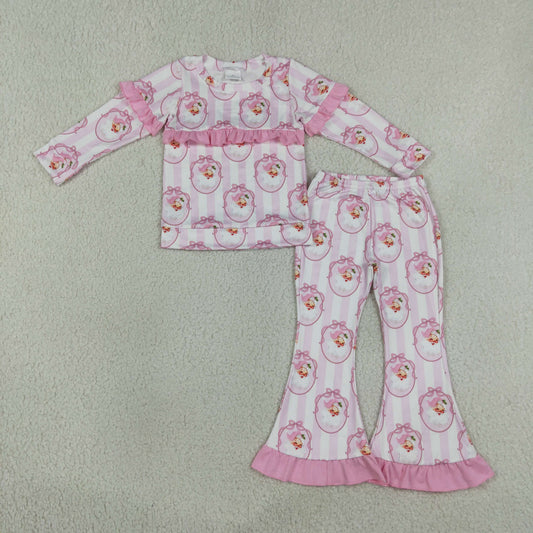 Baby Girls Pink Stripe Bows Santa Top Bell Bottom Pant Christmas Clothes Sets