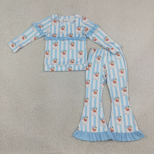Baby Girls Blue Bows Santa Stripe Top Bell Bottom Pant Christmas Clothes Sets
