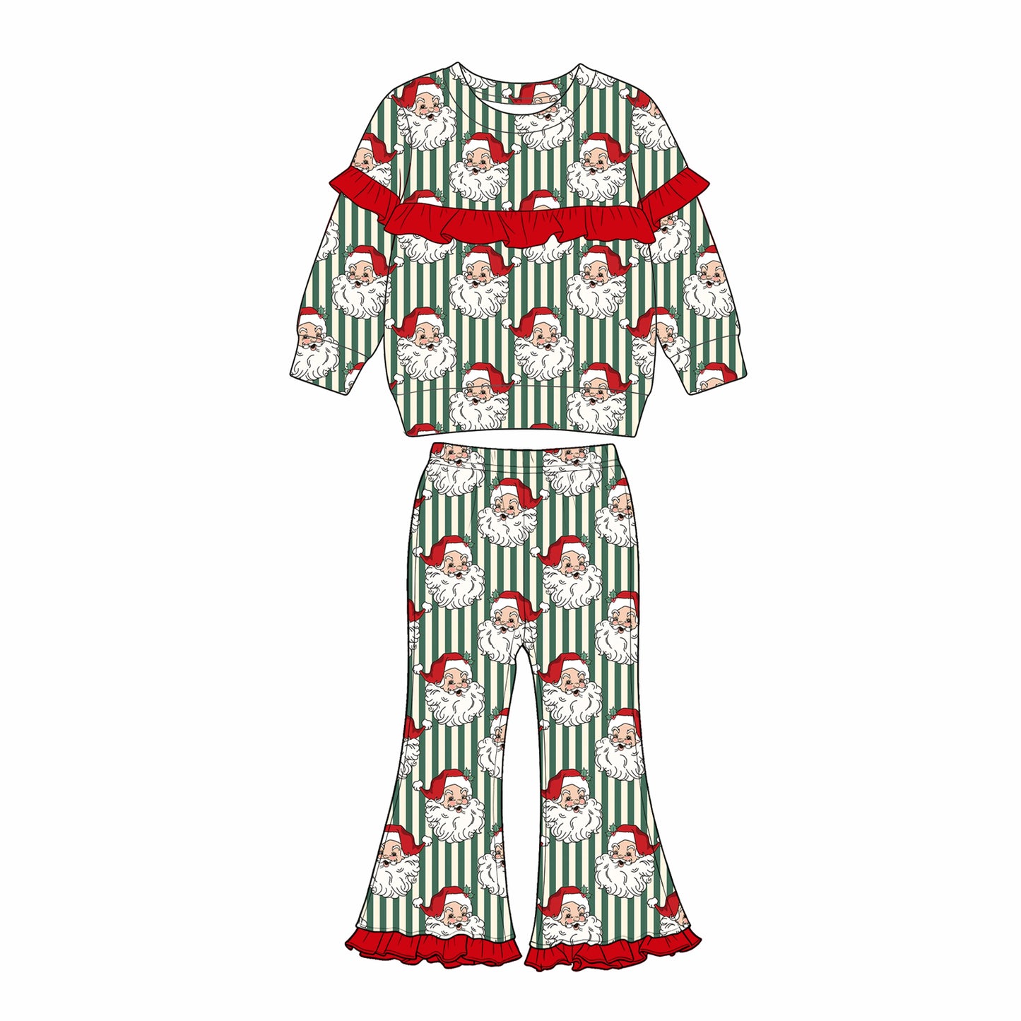 Preorder moq 5 Baby Girls Santa Green Stripe Top Bell Bottom Pant Christmas Clothes Sets
