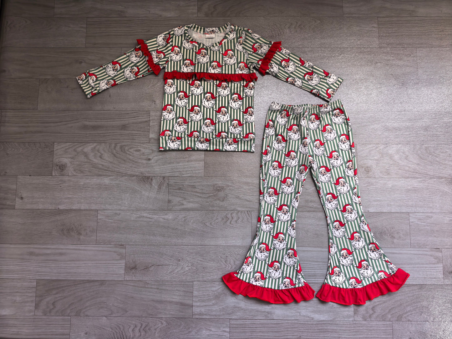 Baby Girls Santa Green Stripe Top Bell Bottom Pant Christmas Clothes Sets