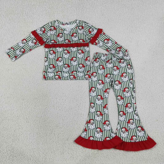 Baby Girls Santa Green Stripe Top Bell Bottom Pant Christmas Clothes Sets