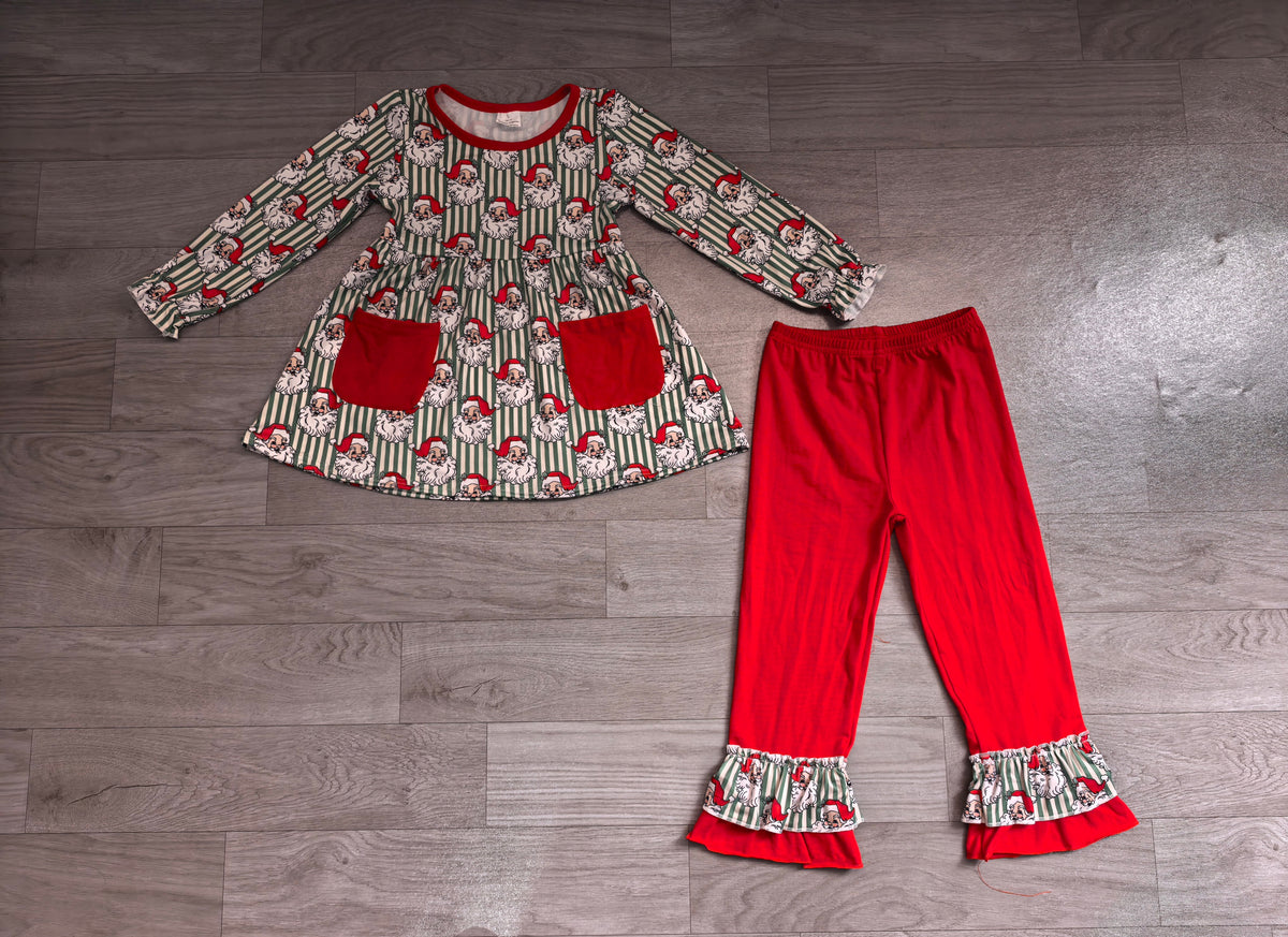 Baby Girls Green Stripe Santa Pockets Tunic Ruffle Pant Christmas Clothes Set