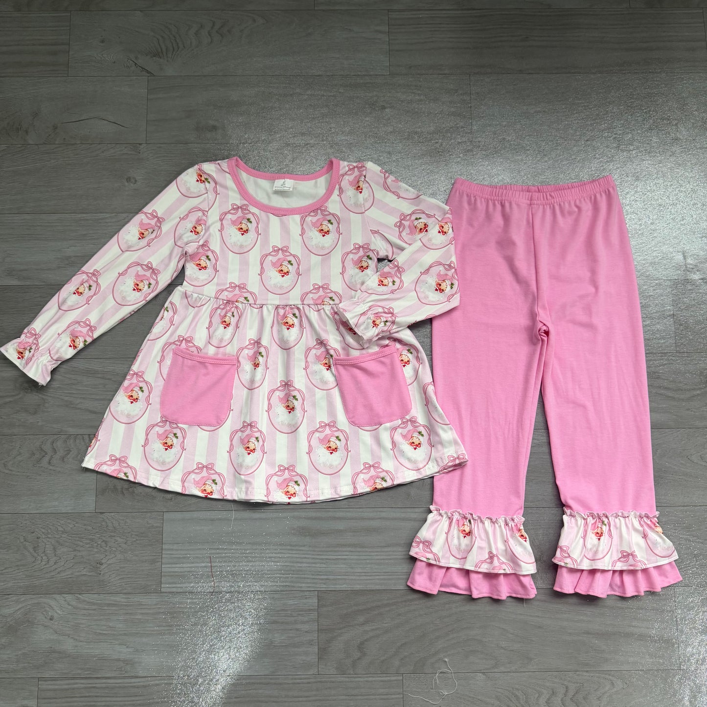 Baby Girls Pink Stripe Bows Santa Pockets Tunic Ruffle Pant Christmas Clothes Sets