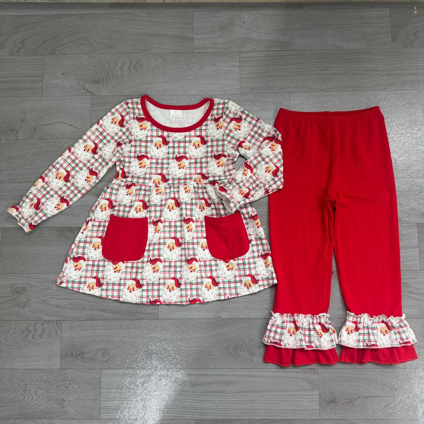 Baby Girls Red Green Checked Santa Pockets Tunic Ruffle Pant Christmas Clothes Set