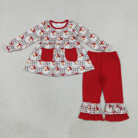 Baby Girls Red Green Checked Santa Pockets Tunic Ruffle Pant Christmas Clothes Set