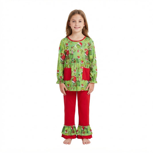 Baby Girls Green Frogs Gifts Pockets Tunic Ruffle Pant Christmas Clothes Set