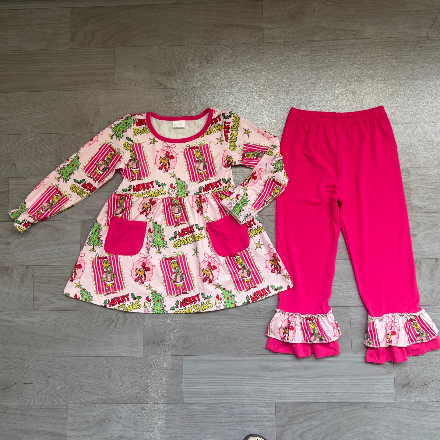 Baby Girls Green Frogs Pockets Tunic Ruffle Pant Merry Christmas Clothes Set
