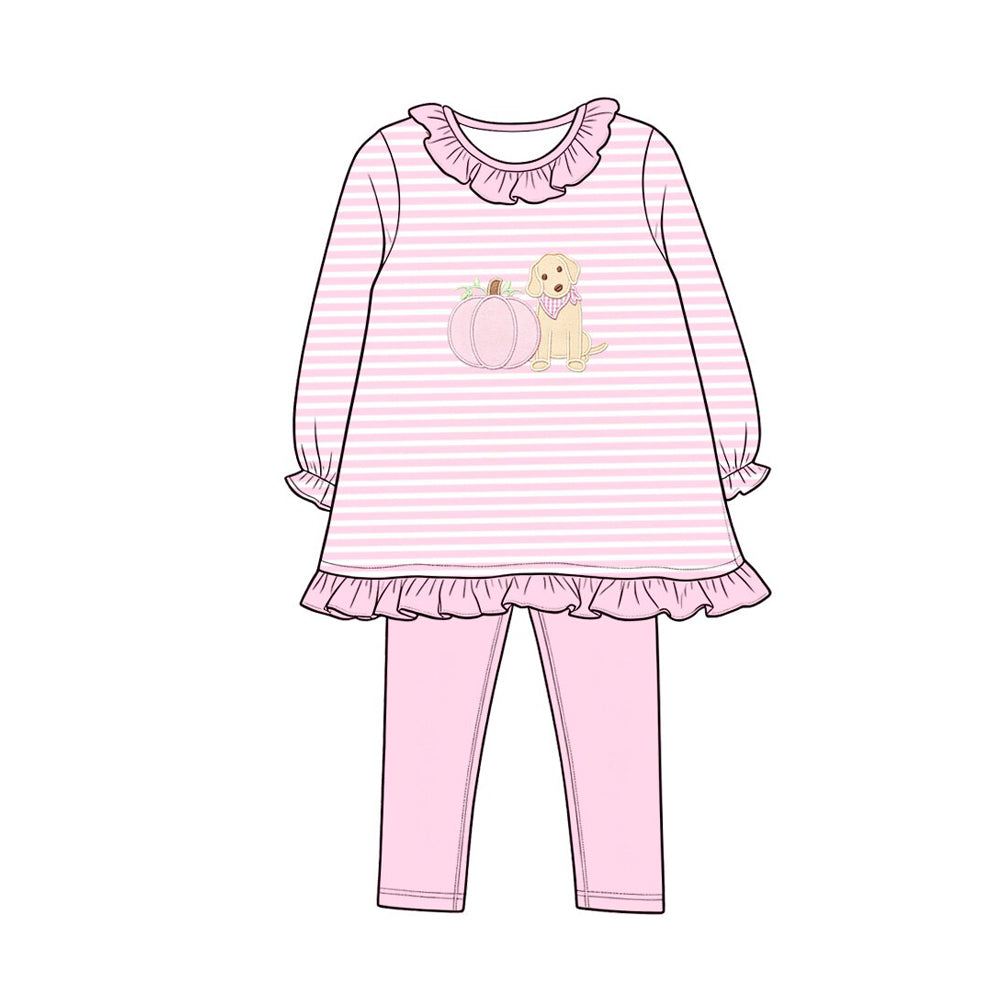Preorder moq 5 Baby Girls Pink Stripe Pumpkins Dogs Tunic Leggings Fall Clothes Sets