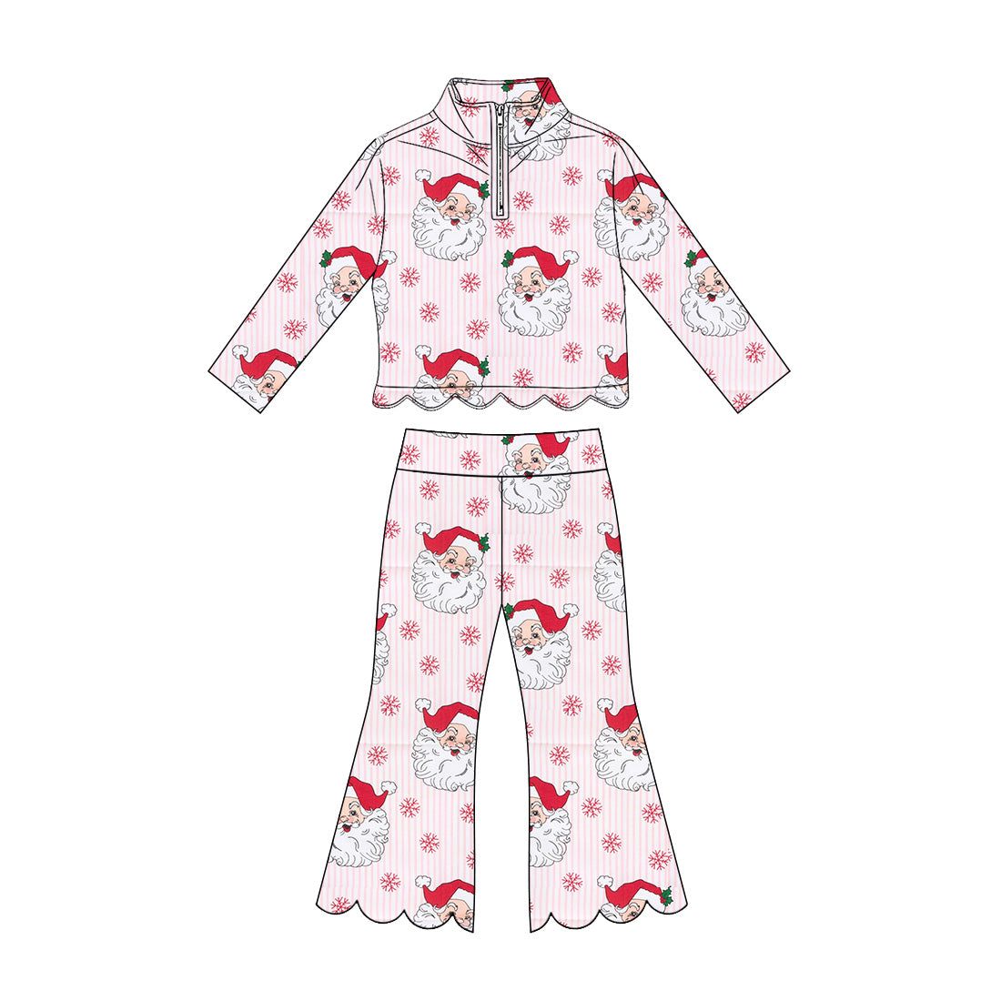 Preorder moq 5 Baby Girls Snows Santa Zip Pullover Flare Pant Christmas Scallop Sets
