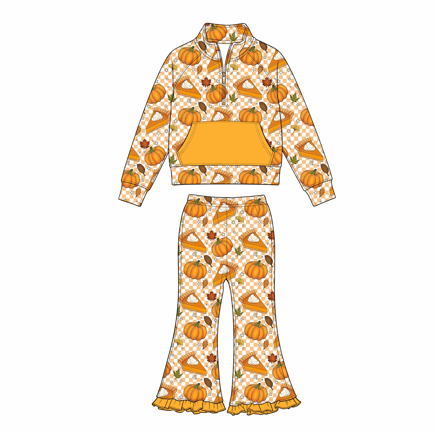 Preorder moq 5 Baby Girls Pumpkins Cakes Zip Pockets Pullover Flare Pant Thanksgivings Clothes Set