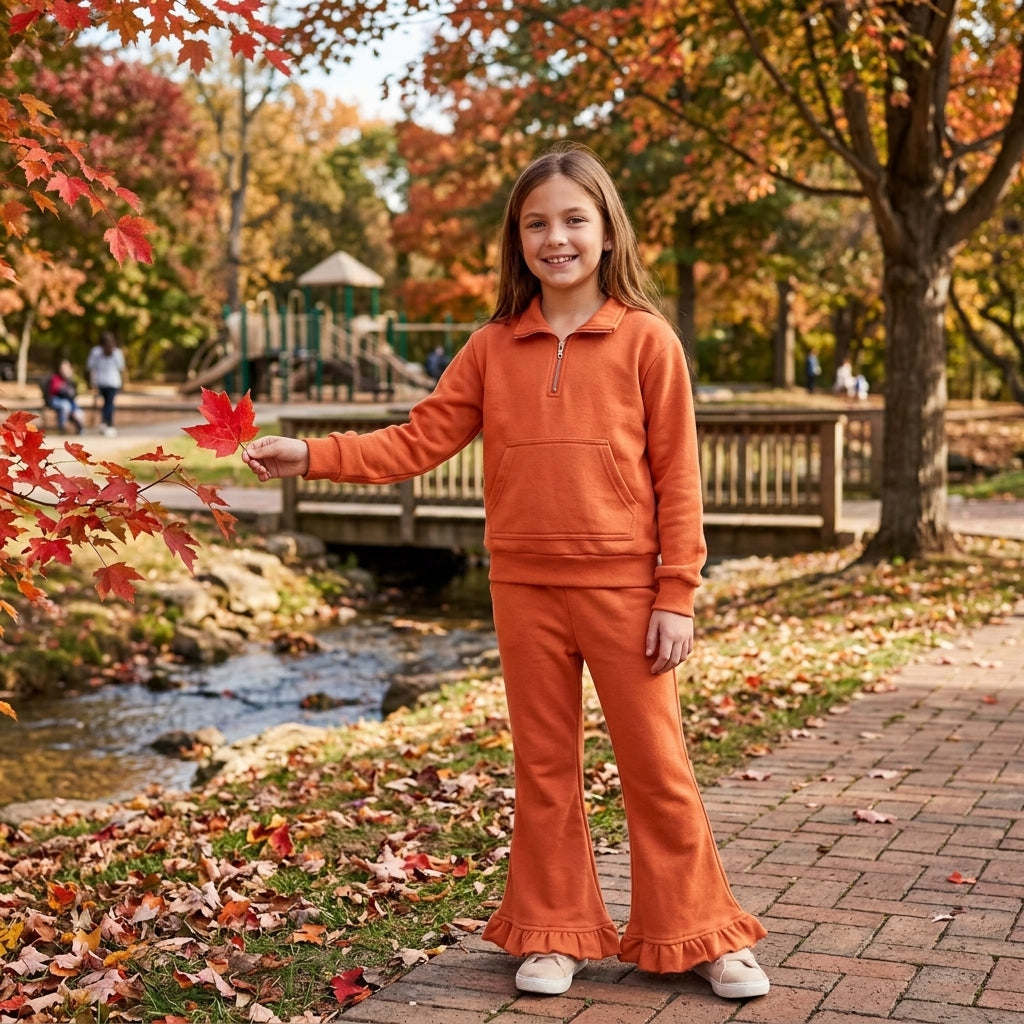 Baby Girls Orange Zip Pockets Top Ruffle Flare Pant Sweater Clothes Set