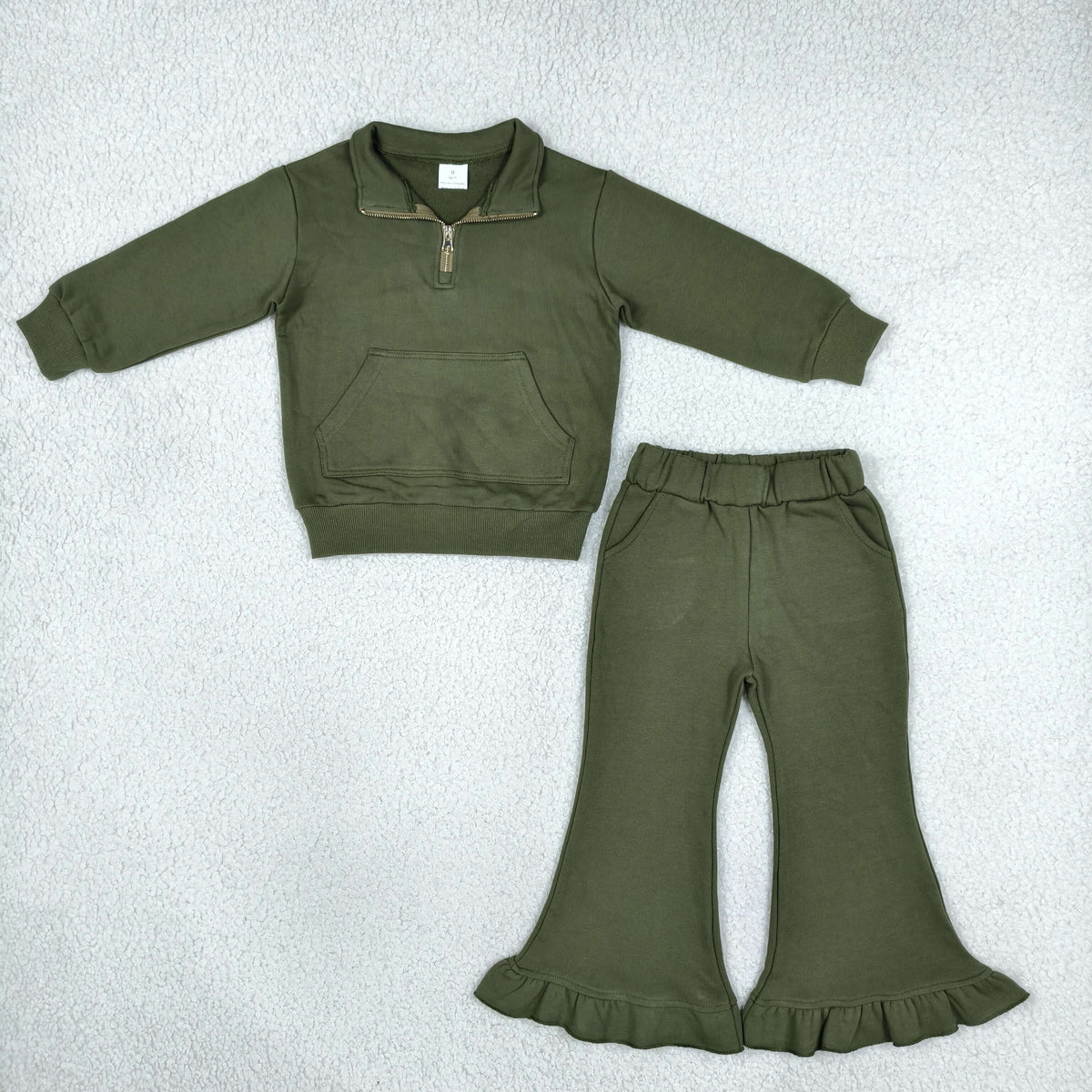 Baby Girls Olive Zip Pockets Top Ruffle Flare Pant Sweater Clothes Set