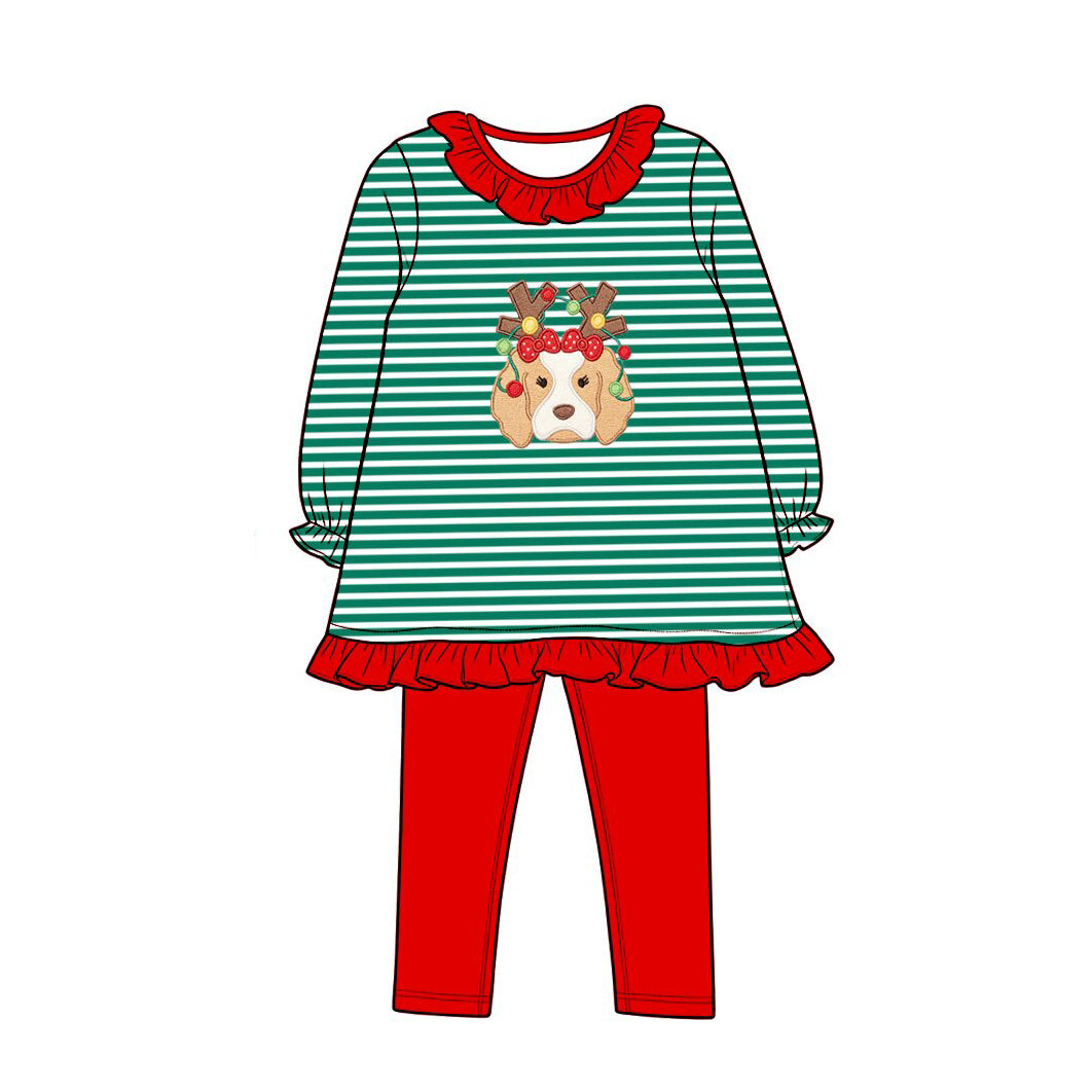 Preorder moq 5 Baby Girls Green Stripe Lights Dog Tunic Leggings Christmas Clothes Sets