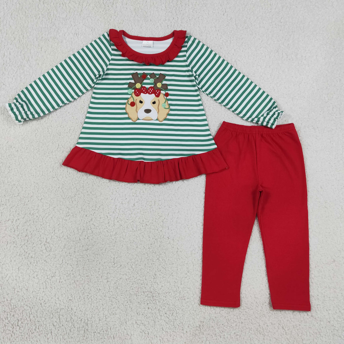 Embroidery Lights Dog Baby Girls Green Stripe Tunic Leggings Christmas Clothes Sets