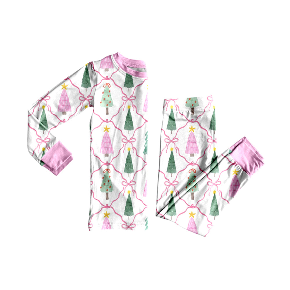 Preorder moq 5 Baby Girls Bows Trees Checked Top Pant Christmas Pajamas Sets
