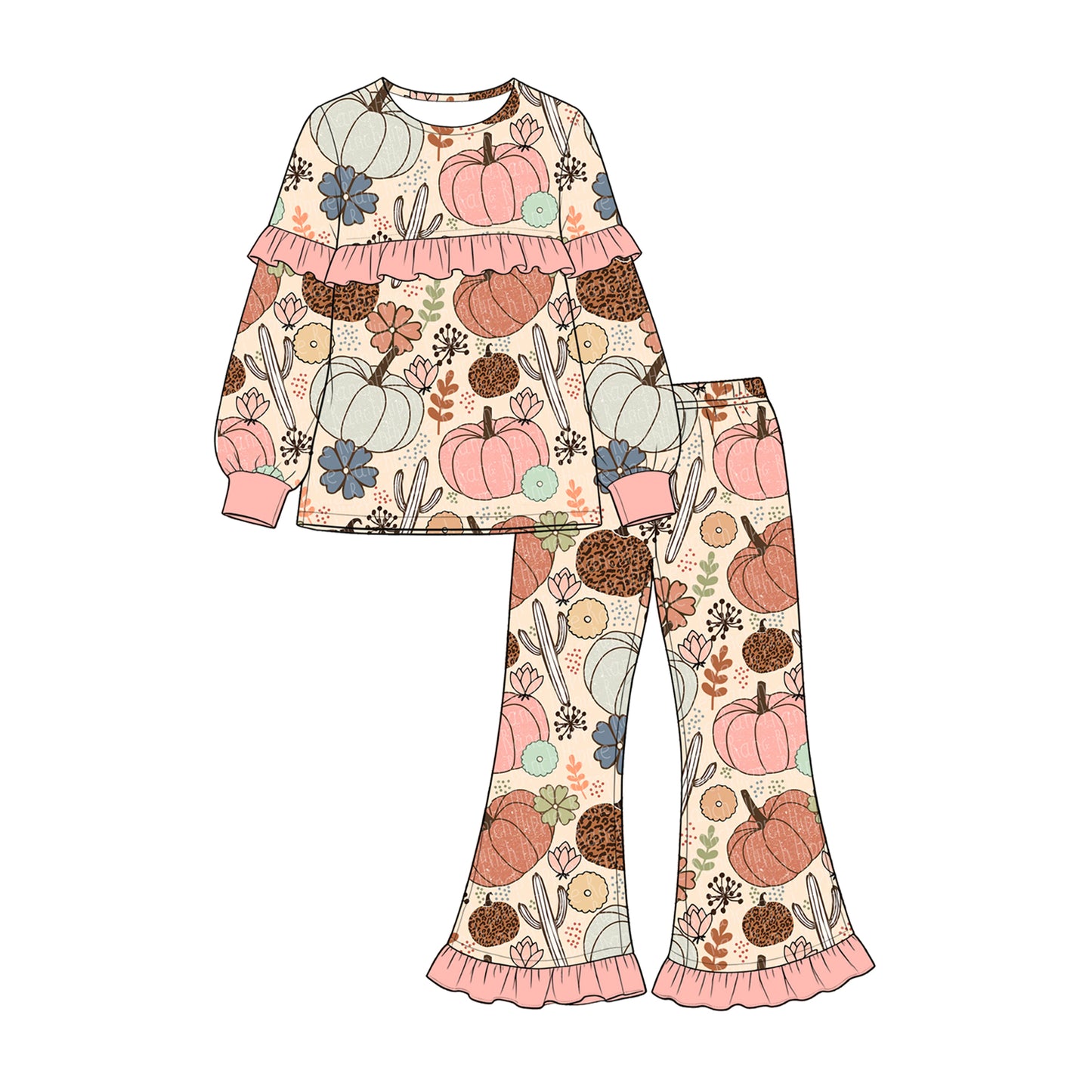 Preorder moq 5 Baby Girls Flowers Pumpkins Top Flare Pant Fall Clothes Sets
