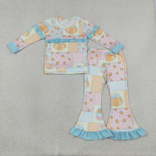 Baby Girls Flowers Bows Pumpkins Top Flare Ruffle Pant Fall Clothes Sets