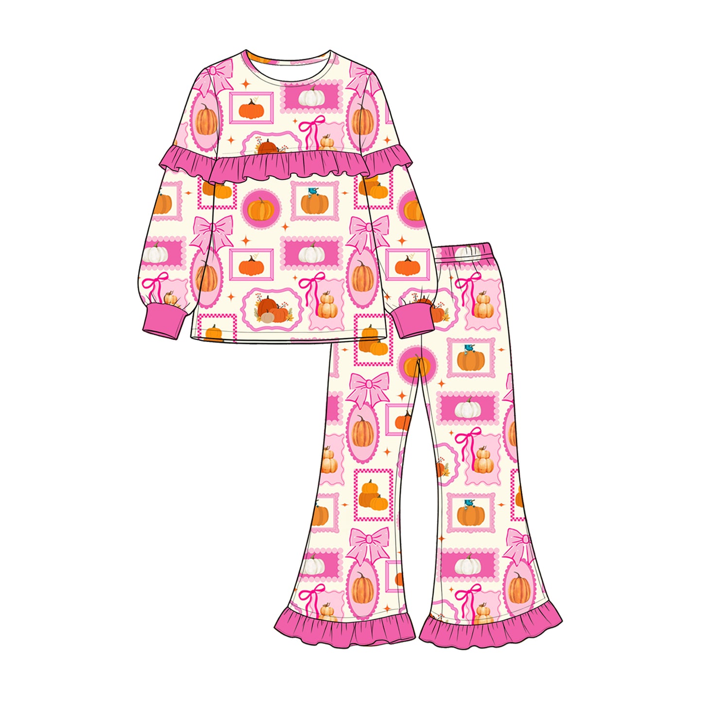 Preorder moq 5 Baby Girls Bows Pumpkins Checked Top Flare Pant Fall Clothes Sets
