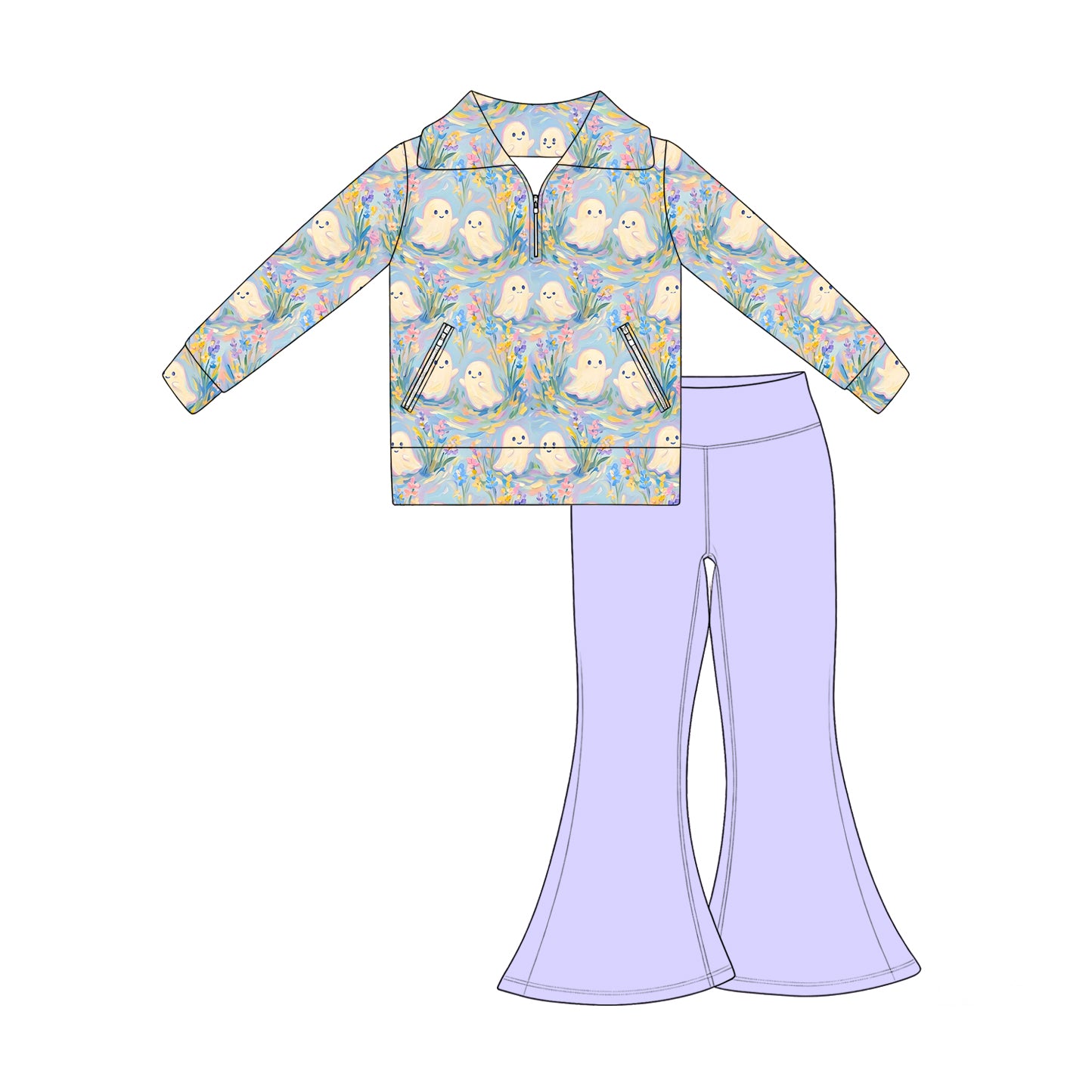 Preorder moq 5 Baby Girls Ghosts Zip Pockets Pullovers Flare Pant Halloween Clothes Set