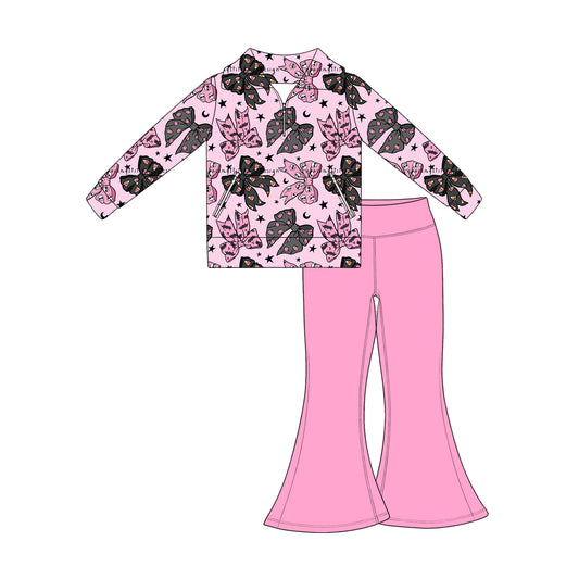 Baby Girls Bats Bows Zip Pockets Pullovers Flare Pant Halloween Clothes Set Preorder