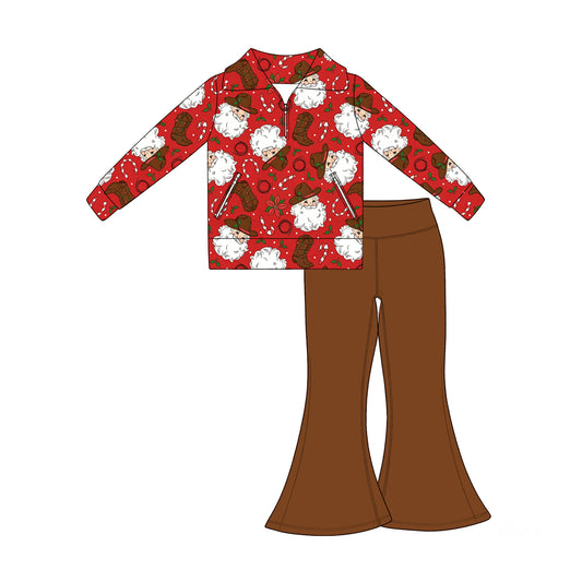 Baby Girls Holly Santa Zip Pockets Pullovers Flare Pant Christmas Clothes Set Preorder