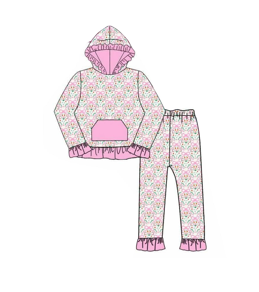 Preorder moq 5 Baby Girls Bows Flowers Pocket Ruffle Hoodie Pants Clothes Sets