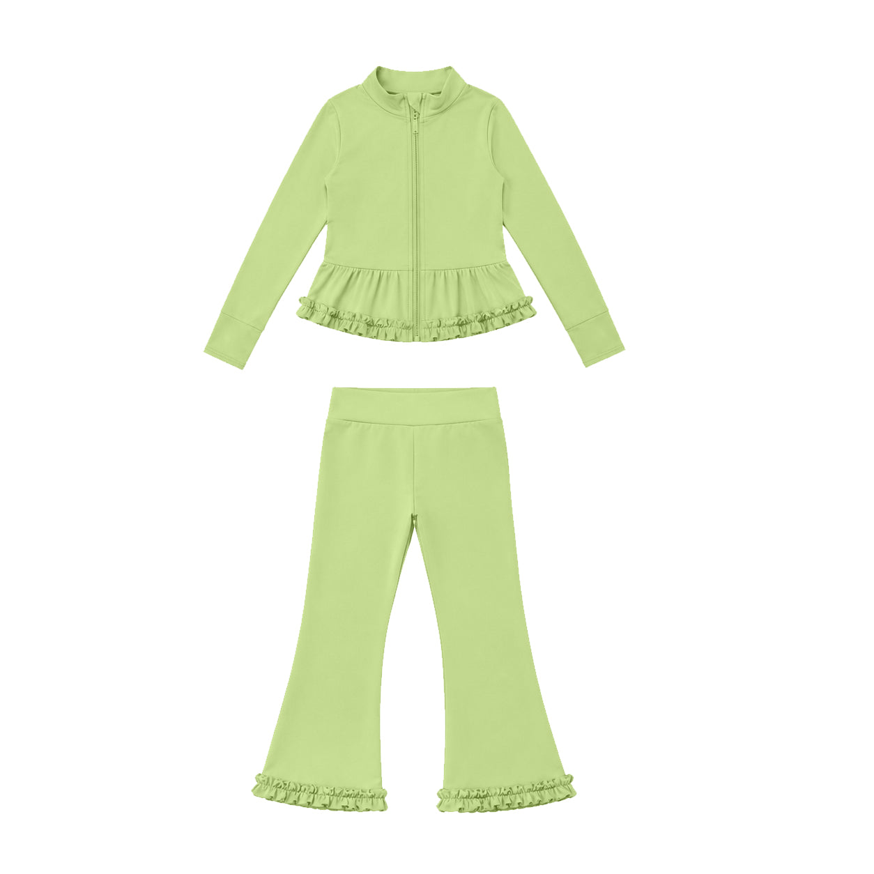 Preorder moq 5 Baby Girls Green Zip Ruffle Jacket Flare Pant Yoga Active Clothes Set