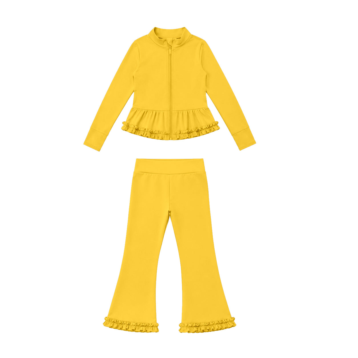 Preorder moq 5 Baby Girls Yellow Zip Ruffle Jacket Flare Pant Yoga Active Clothes Set