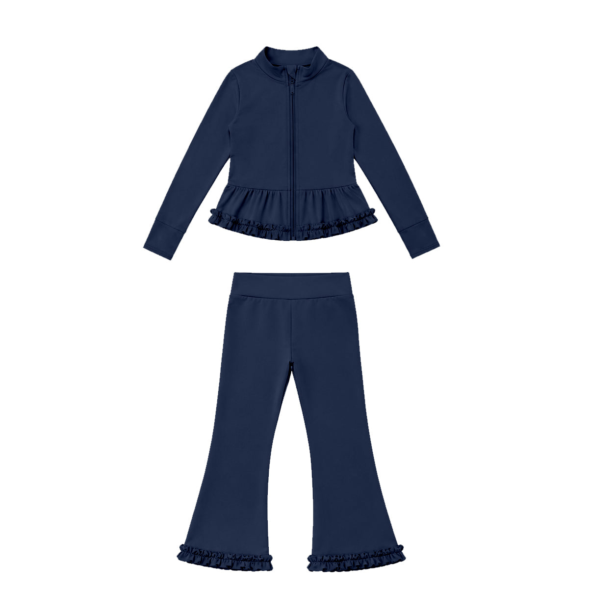 Preorder moq 5 Baby Girls Navy Zip Ruffle Jacket Flare Pant Yoga Active Clothes Set
