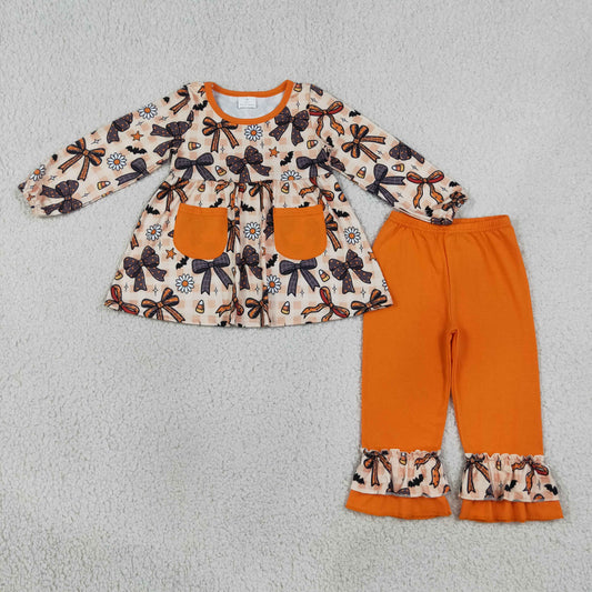 Baby Girls Bats Flowers Pockets Tunic Ruffle Pant Halloweens Clothes Sets
