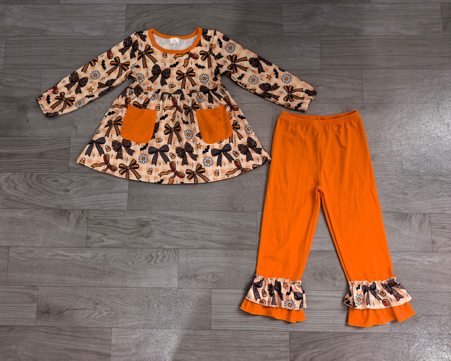 Baby Girls Bats Flowers Pockets Tunic Ruffle Pant Halloweens Clothes Sets Preorder