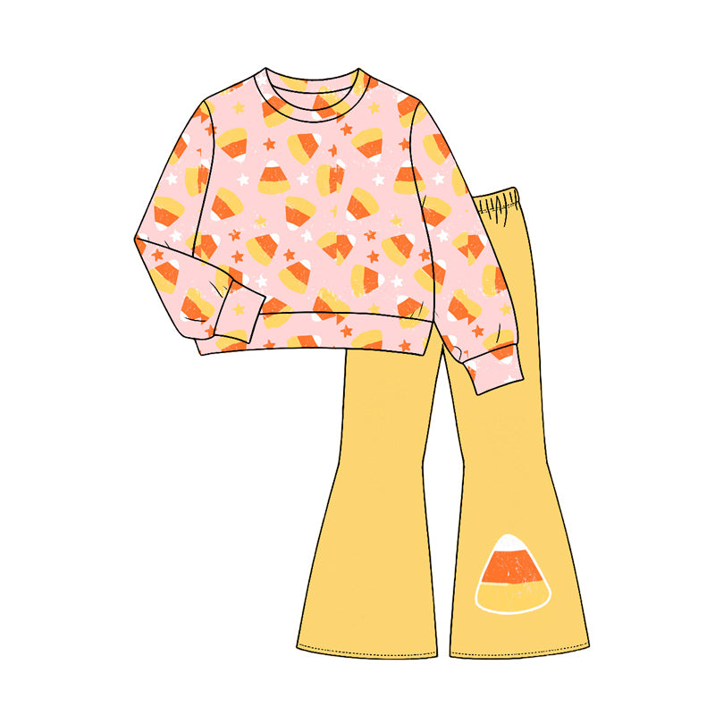 Preorder moq 5 Baby Girls Stars Candy Top Flare Pant Halloweens Clothes Sets
