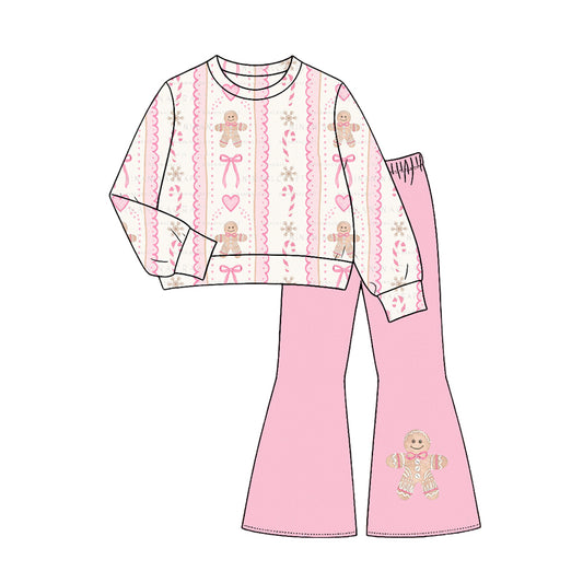 Baby Girls Bows Gingerbread Stripe Top Flare Pant Christmas Clothes Sets Preorder