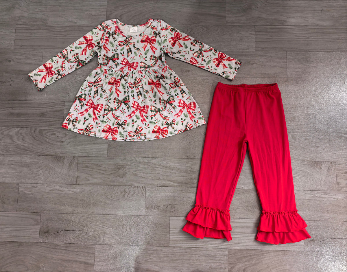 Baby Girls Red Green Checked Bows Holly Tunic Ruffle Pant Christmas Clothes Set
