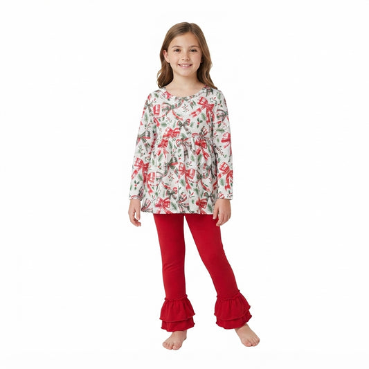 Baby Girls Red Green Checked Bows Holly Tunic Ruffle Pant Christmas Clothes Set