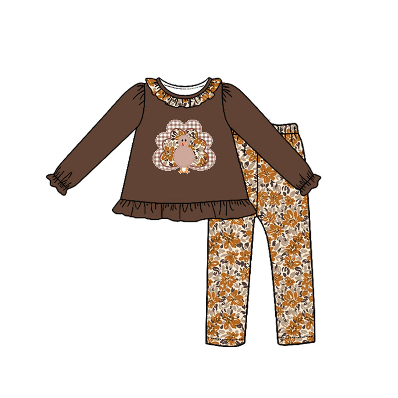 Preorder moq 5 Baby Girls Flowers Turkey Tunic Leggings Thanksgivings Clothes Sets