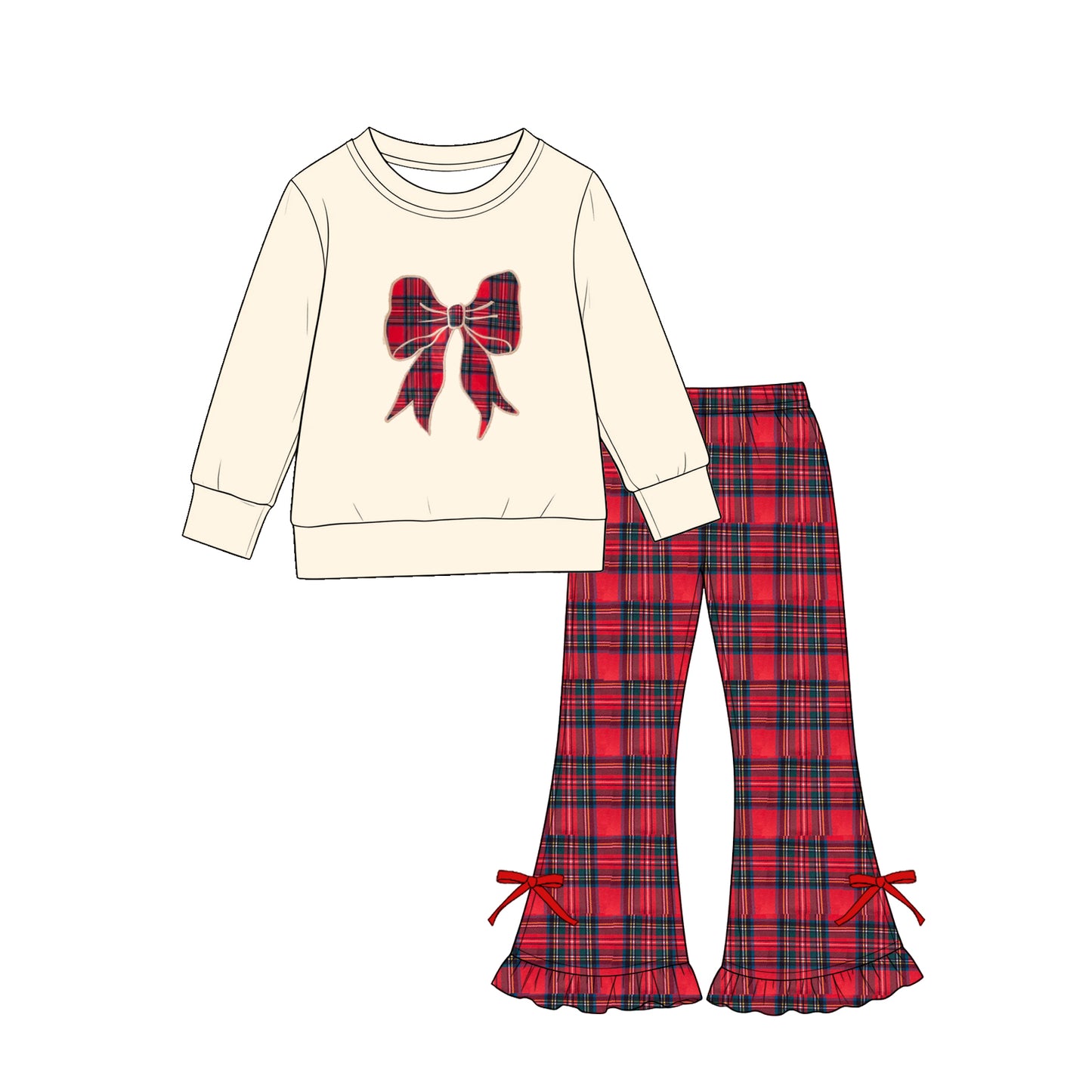 Preorder moq 5 Baby Girls Checked Bows Top Ruffle Pant Christmas Clothes Sets