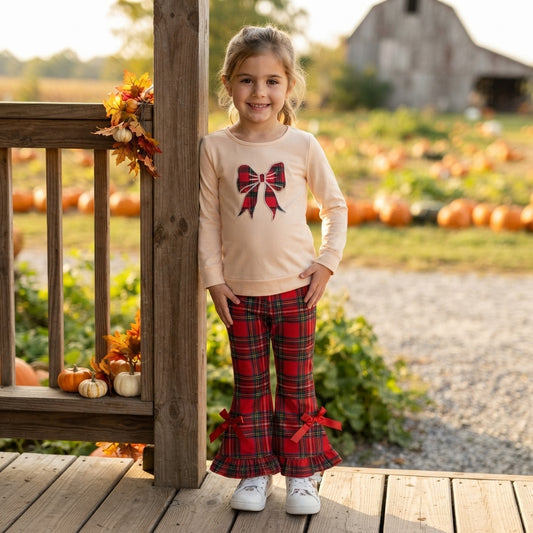 Embroidery Checked Bow Baby Girls Ruffle Bell Bottom Pant Christmas Clothes Sets