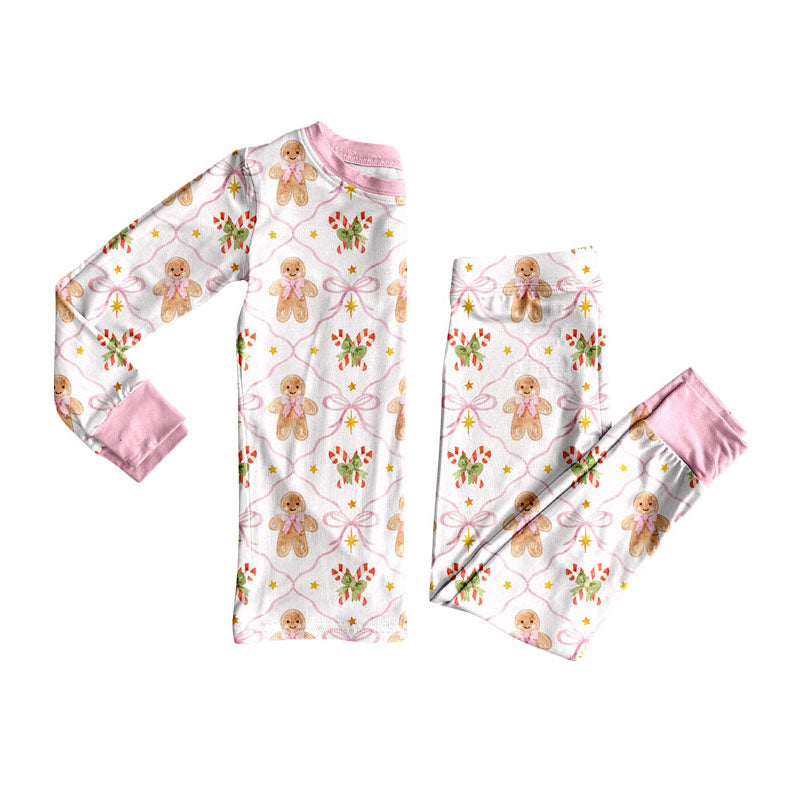 Preorder moq 5 Baby Girls Bows Gingerbread Checked Top Pant Christmas Pajamas Sets