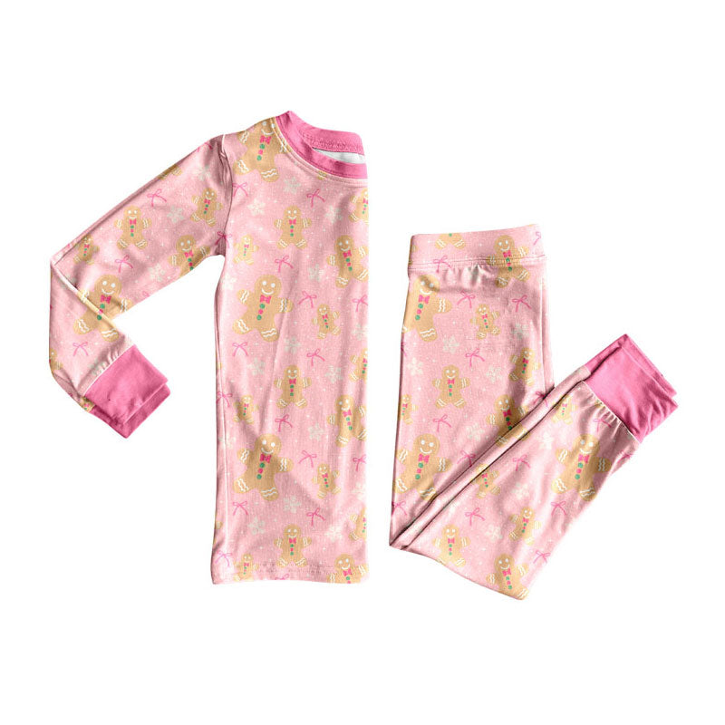 Preorder moq 5 Baby Girls Bows Gingerbread Snowflakes Top Pant Christmas Pajamas Sets