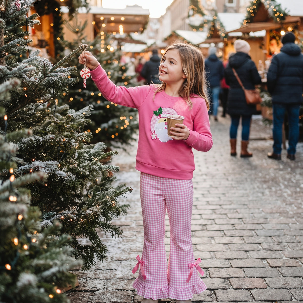 Embroidery Holly Santa Baby Girls Top Checked Flare Pant Christmas Clothes Sets