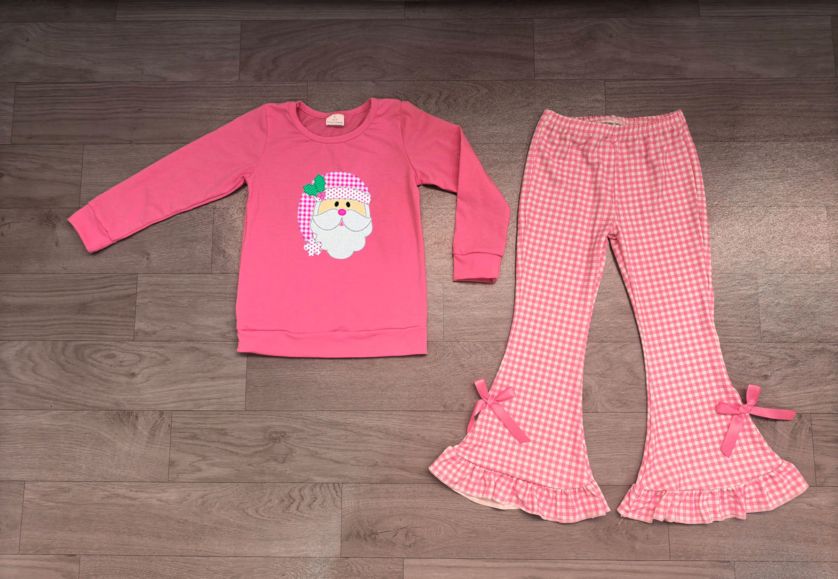 Embroidery Holly Santa Baby Girls Top Checked Flare Pant Christmas Clothes Sets Preorder